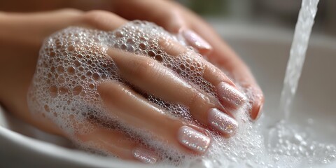Woman washing hands with soap and water under running faucet showing proper hygiene technique for health and cleanliness in bathroom or kitchen sink.