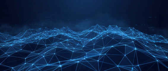 Digital Terrain: A luminous network of interconnected nodes and lines forms a vast digital terrain, creating a futuristic and technologically advanced environment. 