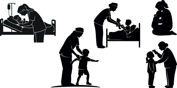 NA caregiver silhouette checking patient in hospital bed &ndash; nursing assistant care with IV stand &ndash; Homo sapiens medical vector illustration