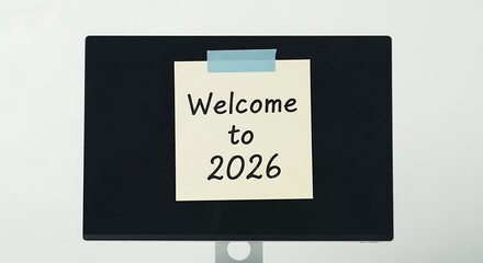 A monitor displaying a welcome to the year twenty twenty six