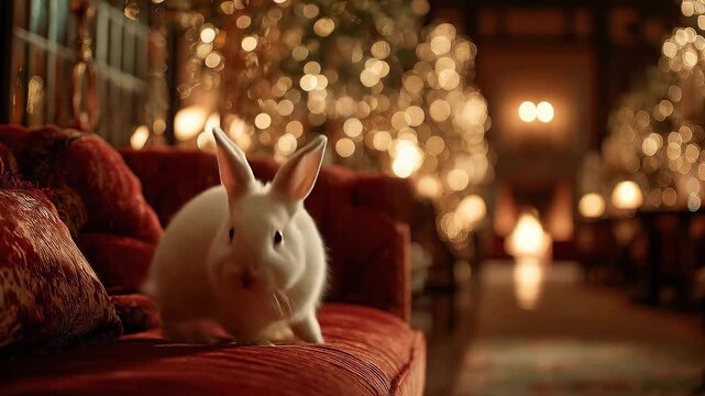 Cute White Rabbit Sits on Red Sofa with Warm Bokeh Lights