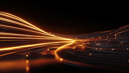 Flowing golden light streaks, like fiber optics, against a dark background