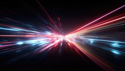 Streaks of blurred light in motion, converging from opposite sides on black