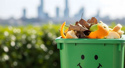 Sustainable food waste composting in a green bin with a cityscape background