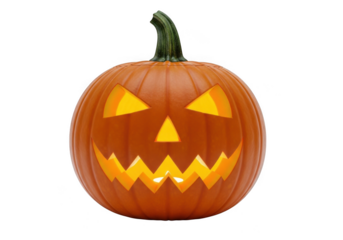 A glowing jack o lantern pumpkin with a carved scary face isolated on transparent background for halloween celebration