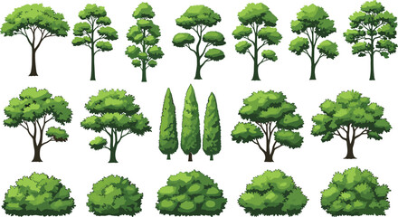 Obraz premium Diverse Set of Green Trees and Shrubs Vector Illustration Collection Garden Hedges Foliage for Landscape Architectural Plan Graphics.
