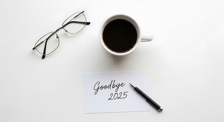 Eyeglasses coffee goodbye note and pen on white surface