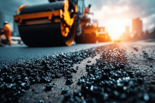 Fresh asphalt being laid on a road by a road roller