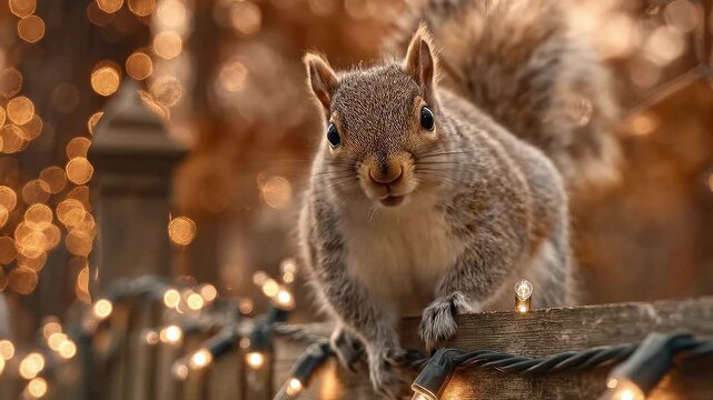 Curious Grey Squirrel on Festive Fence with Bokeh Lights