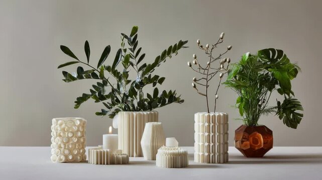 Medium shot of modular 3D printed interior pieces demonstrating customizable components adaptable for versatile decorative arrangements