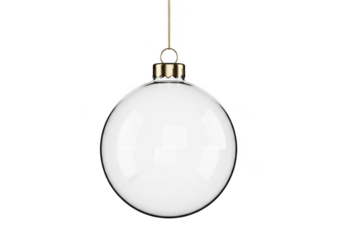 Clear glass christmas ornament hanging by a gold string isolated on transparent background