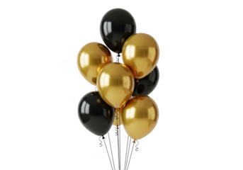 A bunch of shiny black and gold latex balloons tied together, isolated on transparent background for celebration or party decoration
