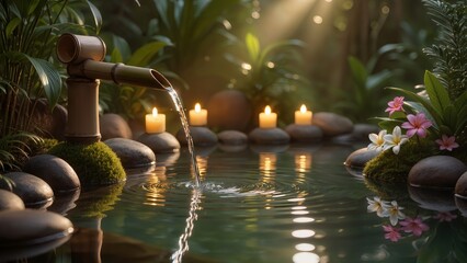 a serene spa-like zen garden with a bamboo water fountain gently pouring into a calm pool,