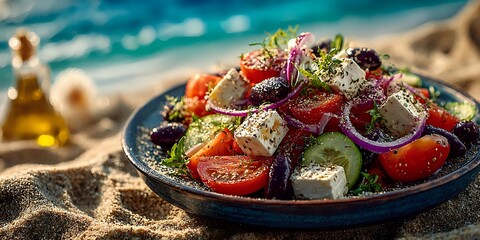 Fresh Greek salad with feta cheese, olives, tomatoes and herbs served on beach sand near turquoise ocean waves for summer Mediterranean dining experience.