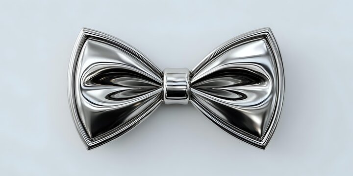 Elegant silver metallic bow tie with glossy chrome finish and geometric design on white background, isolated for fashion and formal wear concepts.