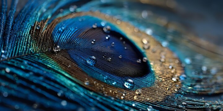 Peacock feather with water droplets showing iridescent blue and green colors in macro detail for nature photography and decorative design projects. - Powered by Adobe