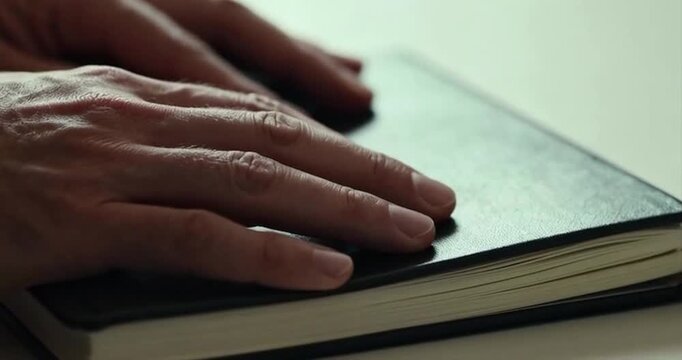 Hands resting on closed notebook bookkeeping concept