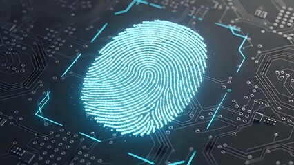 Digital fingerprint scan on circuit board background for cybersecurity and biometric authentication technology applications in modern security systems.