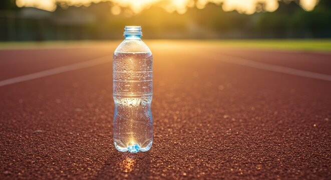 Hydration on the Track: Water Bottle at Sunset - Powered by Adobe