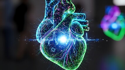 Digital holographic human heart with glowing neon blue and green wireframe structure displaying anatomical details for medical education and healthcare technology.