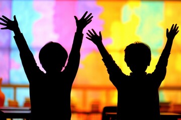 Silhouetted children raising hands in a colorful background