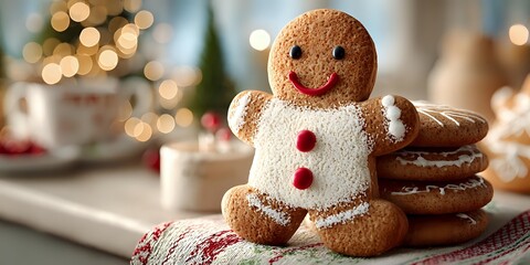 Gingerbread man cookie with white icing and red buttons sits on kitchen counter with warm bokeh lights creating festive holiday baking atmosphere for Christmas celebrations.