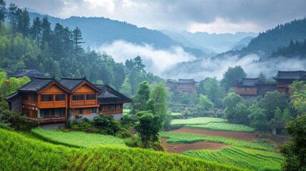 The mist over traditional wooden houses in the mountains emphasises the harmony between culture and nature, making it ideal as a backdrop for articles on ethnic tourism.