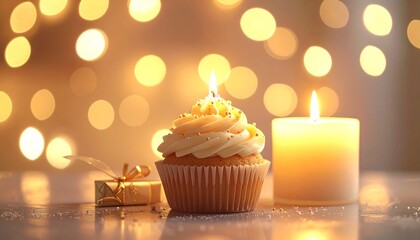 A festive cupcake topped with cream and sprinkles sits beside a lit candle and a small gift box, all illuminated by warm, blurred bokeh lights