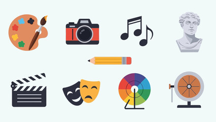 This flat design vector illustration features a contemporary collection of icons for art and creative education, perfect for studios, schools, and cultural platforms. 