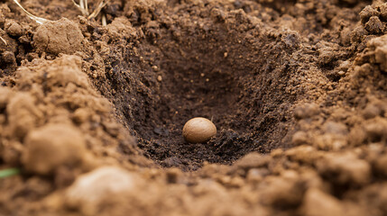 Planting seeds in fertile ground for a new life. A small sphere placed in the center of the dug hole, symbolizing growth and the promise of nature's bounty and agricultural practices.
