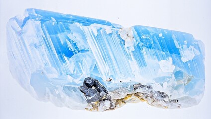 A single piece of raw celestite with pale blue color and crystal clusters, isolated on white...