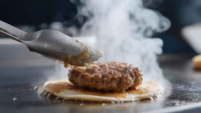 Juicy burger patty flipping on griddle with tongs and rising steam
