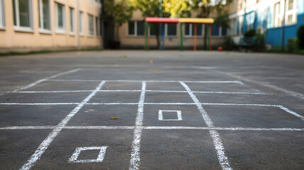 An asphalt playground court marked with white lines, evoking childhood games. A school building is in the background, suggesting a place of play and learning for children.