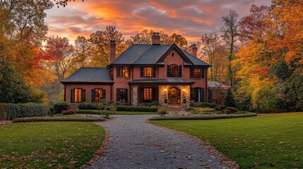A country house surrounded by autumn foliage and sunset is ideal as a backdrop for advertising real estate or family holidays.