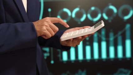 Professional individual woman in navy suit uses smartphone while standing, glowing digital dashboards, data analytics, futuristic interface elements, advanced technology for business intelligence. - Powered by Adobe