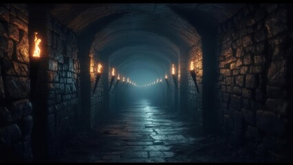 Obraz premium Dimly lit stone tunnel stretches into the distance, illuminated by torches on the walls