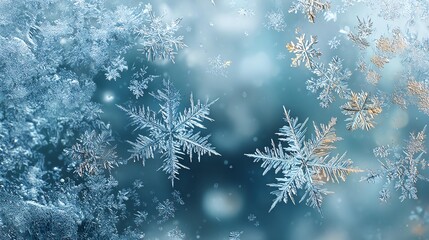 Snowflakes forming on window glass Delicate snowflakes on a frosty background, creating a winter wonderland effect.