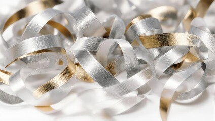 Elegant silver and gold ribbon curls create a festive and shimmering background.
