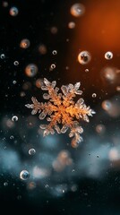 Snowflakes forming on window glass A snowflake captured in droplets against a blurred, colorful background.