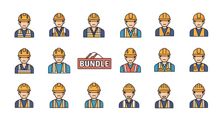 A collection of cartoon avatars depicting male construction workers or engineers wearing hard hats and safety vests, presented as a bundle.