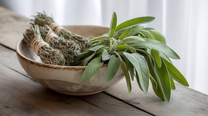 A rustic ceramic bowl filled with dried sage and fresh sage leaves a beautiful photo