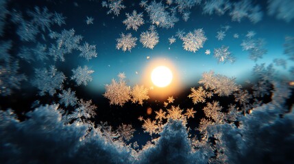 Snowflakes forming on window glass Frosted window with snowflakes and a glowing sun in the background creates a serene winter scene.