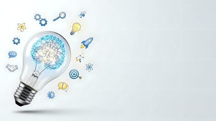 Light bulb with brain inside surrounded by innovation icons representing creative thinking and business ideas on white background.