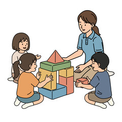 Occupational therapy in pediatric clinic. Children Playing Building Blocks with Teacher. Modern Japanese Simple Line Art Illustration Vector.