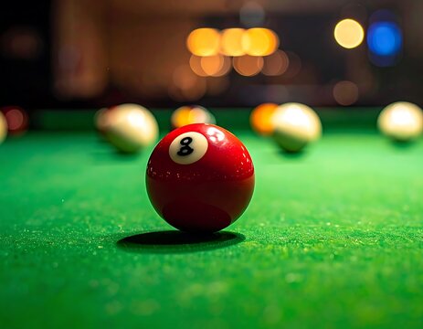 Close-up of red 8-ball on a green pool table, soft lighting background, other balls scattered around