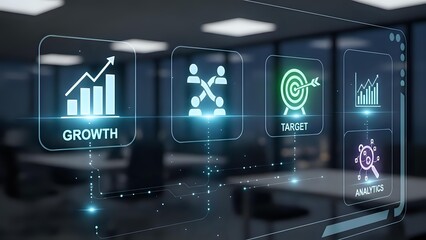 Digital business dashboard displaying growth charts, network connections, target goals and analytics icons on transparent interface for corporate strategy presentations.