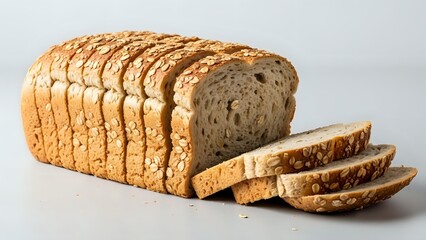 Freshly sliced whole grain bread loaf with seeds on neutral background, perfect for healthy eating and bakery concepts.