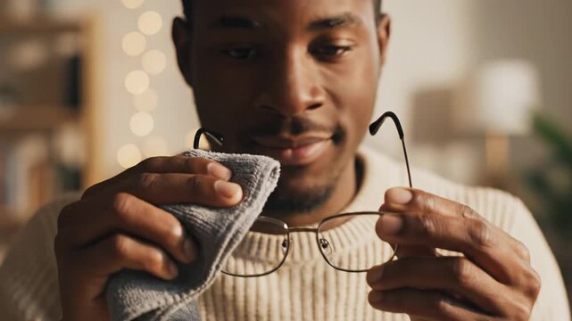 Close up of a young african american man carefully cleaning his metal framed eyeglasses with a soft grey microfiber cloth indoors under warm lighting