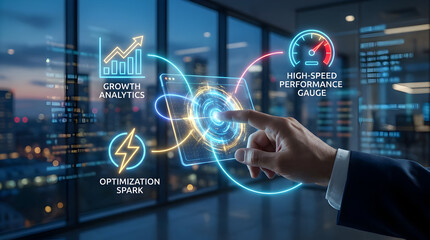 Businessman drives digital transformation using futuristic interface for growth and high performance metrics