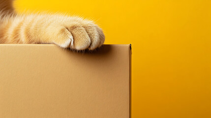 A whimsical view of a ginger tabby cat's paw gently resting on the corner of a cardboard box, set against a vibrant yellow backdrop. Minimalist, playful, and curious.